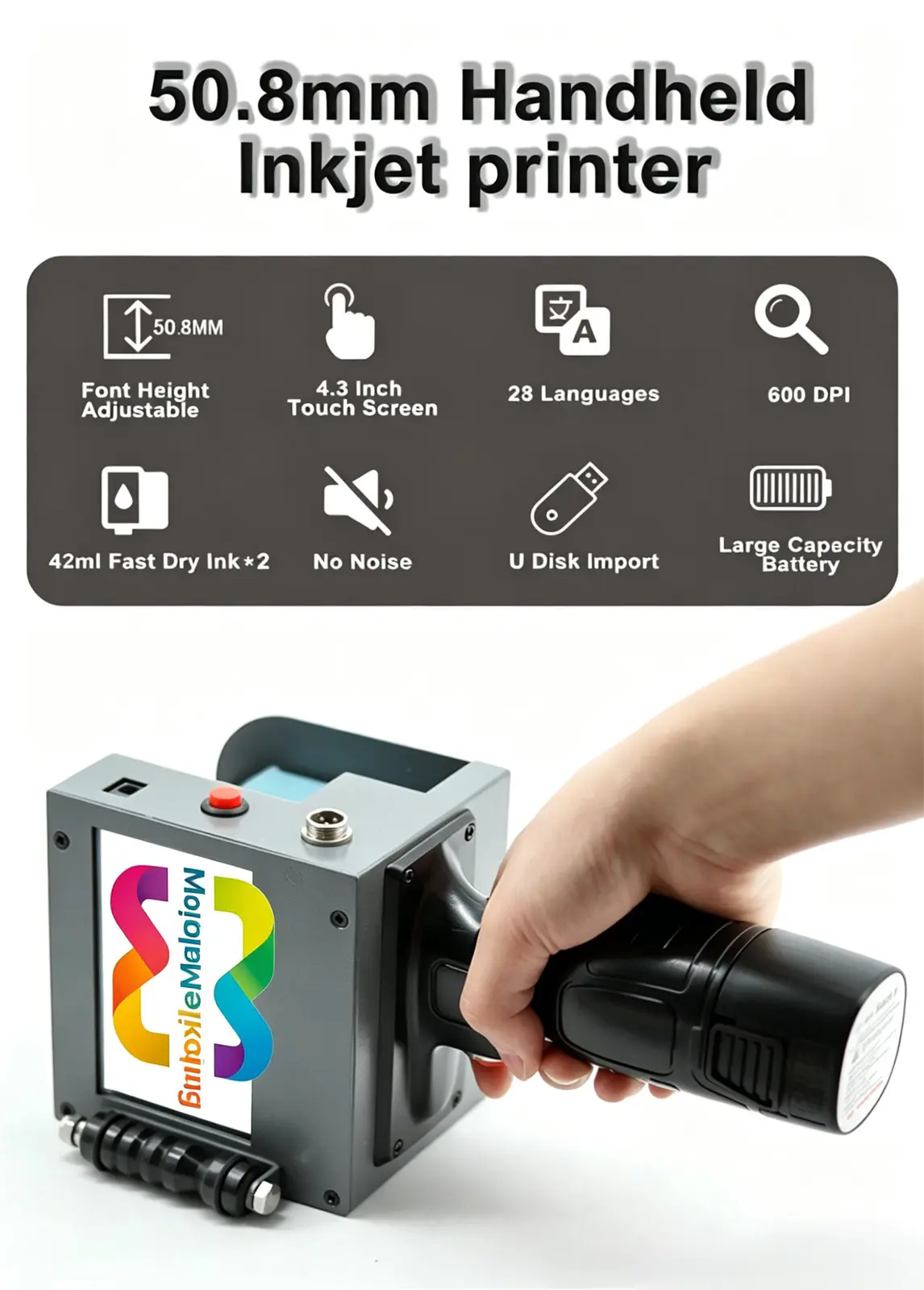 2-Inch Dual-Head Handheld Inkjet Printer 50mm Print Height Up to 20 Lines, SKU 16832, product thumbnail 9