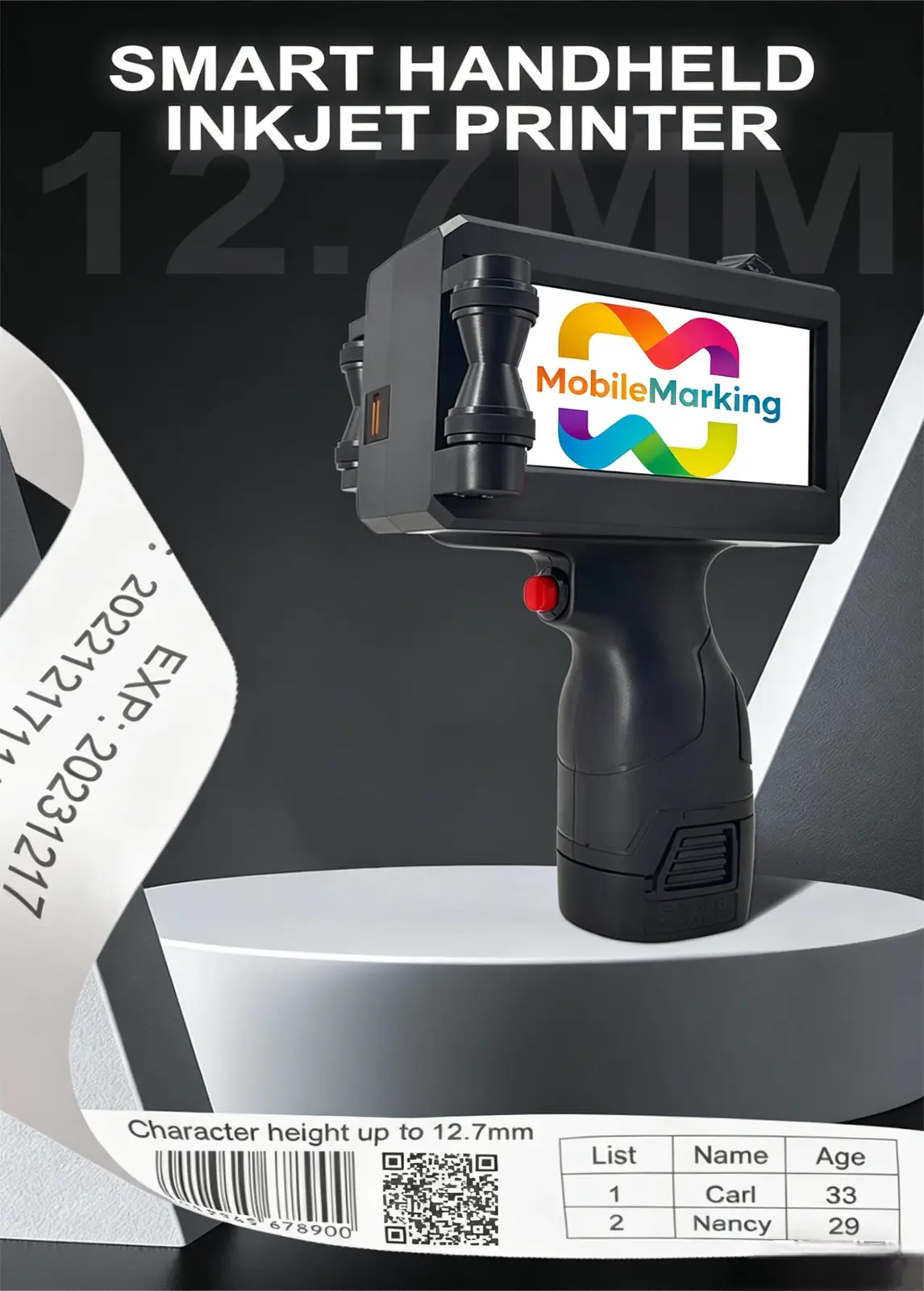 1-Inch Handheld Inkjet Printer 25.4mm Wide Format, Removable Battery, SKU 1691S, product thumbnail 3